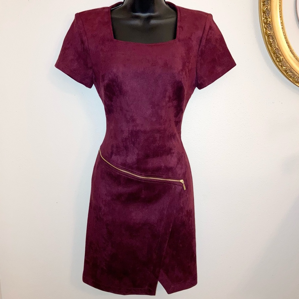Calvin Klein Faux Suede Square Neck Asymmetrical Zip Short Sleeve Sheath Dress - Picture 1 of 15